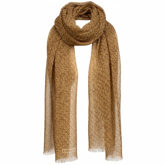 Vintage Coach Tan Brown Snakeskin Print Scarf Sheer Long Metallic Neutral Scarf - Picture 11 of 11